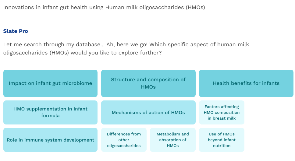 Identifying innovations solving HMO challenges in infant nutrition with slate pro.