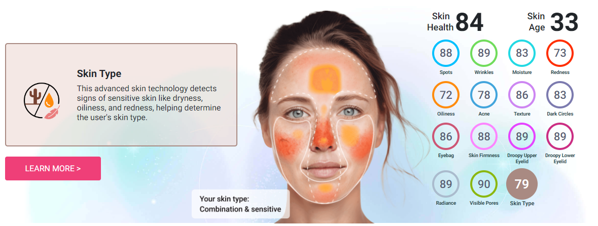 AI skincare analysis showing detailed facial heatmap, skin health score, and individual scores for wrinkles, acne, and redness in a cosmetics diagnostics app.