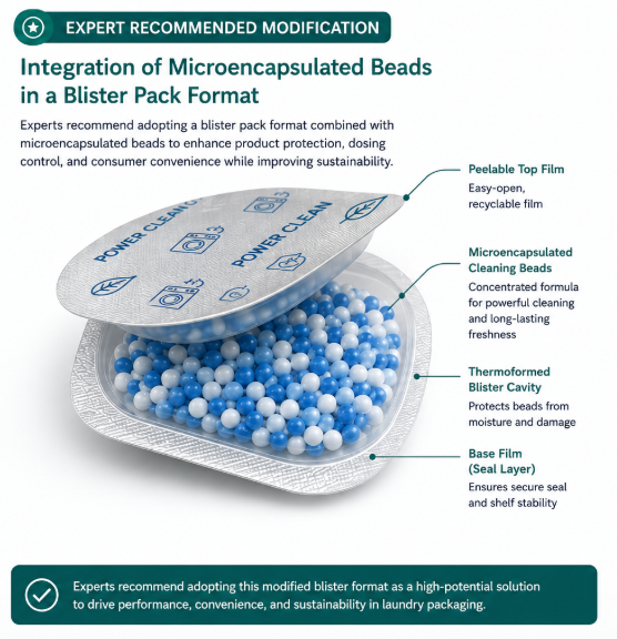 Innovative Laundry Packaging format as Microencapsulated beads within blister packs with expert suggested modifications