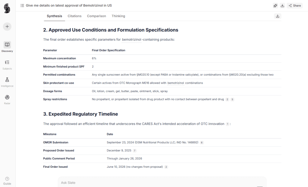 Slate screenshot showing data for Bemotrizinol use Approval by FDA