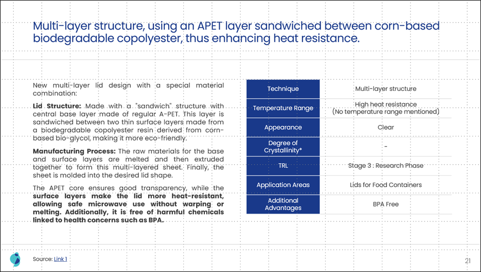 Evaluation Matrix for Multi-layer lid design that uses an APET layer sandwiched between corn-based biodegradable copolyester surface layers for heat resistance